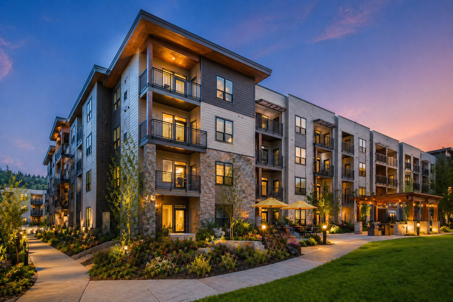 Multifamily reference, Class A garden community at dusk